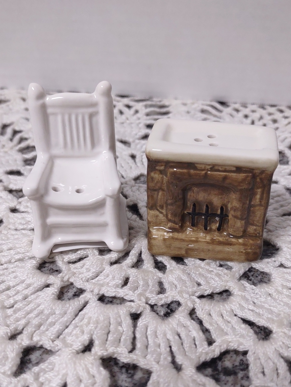 White Ceramic Rocking Chair & Brown Ceramic Fireplace Salt and Pepper Shakers
